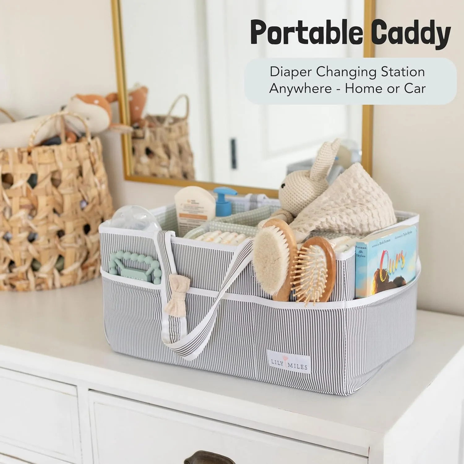 Lily Miles Baby Diaper Caddy - Large Organizer Tote Bag for Newborn essentials Boy or Girl - Baby Shower Basket - Nursery Must Haves - Registry Favorites - Newborn Caddie Car Travel