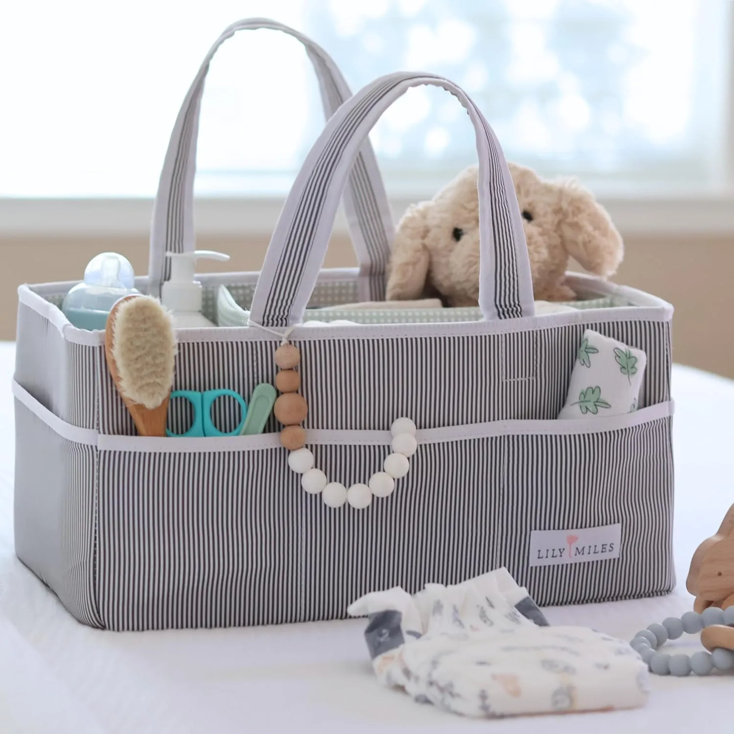 Lily Miles Baby Diaper Caddy - Large Organizer Tote Bag for Newborn essentials Boy or Girl - Baby Shower Basket - Nursery Must Haves - Registry Favorites - Newborn Caddie Car Travel