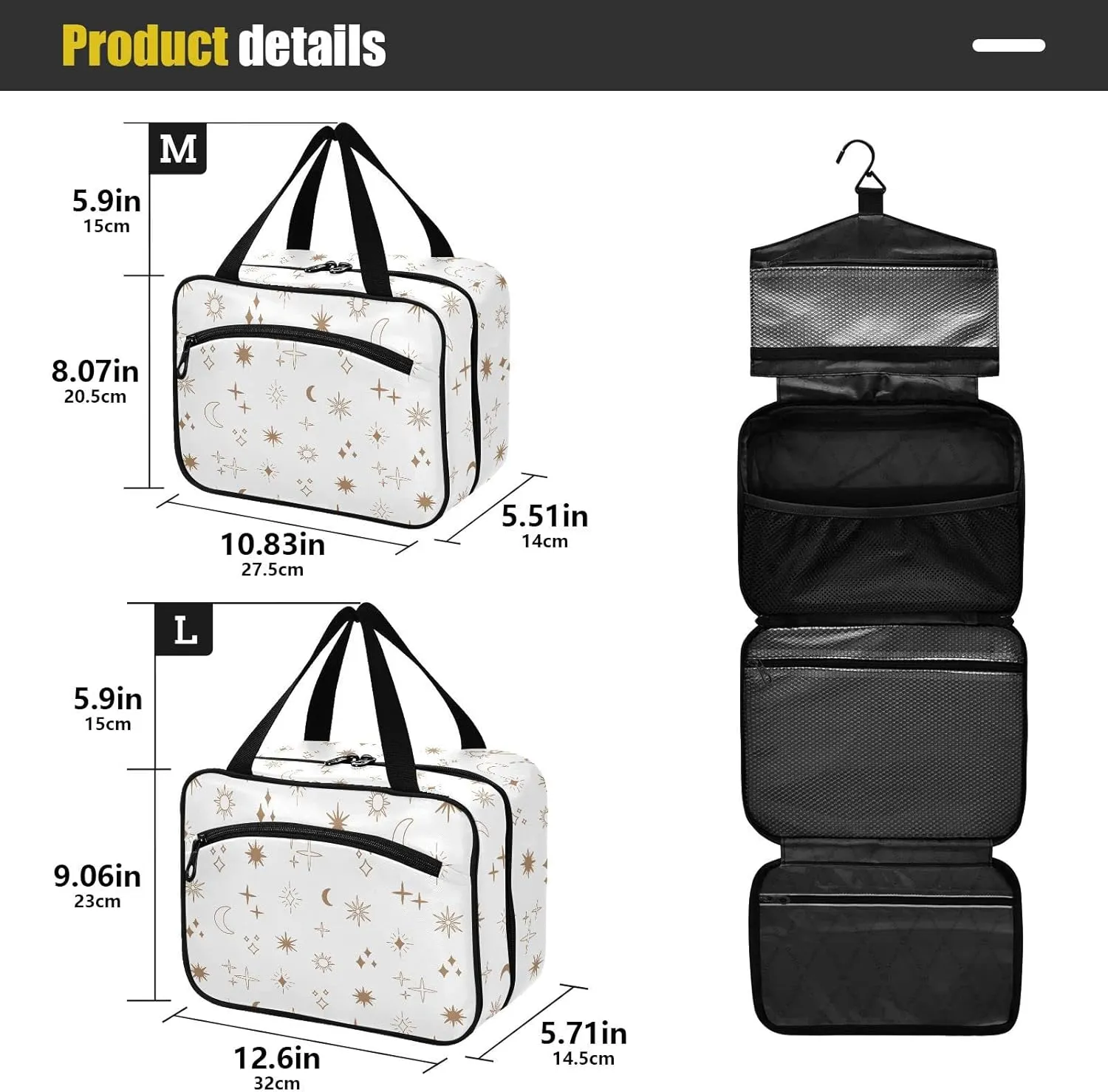 linqin Toiletry Bag for Travel, Boho Astrology Star Pattern Magic Makeup Bag Large Cosmetic Bag Organizer with Hanging Hook for Women Men