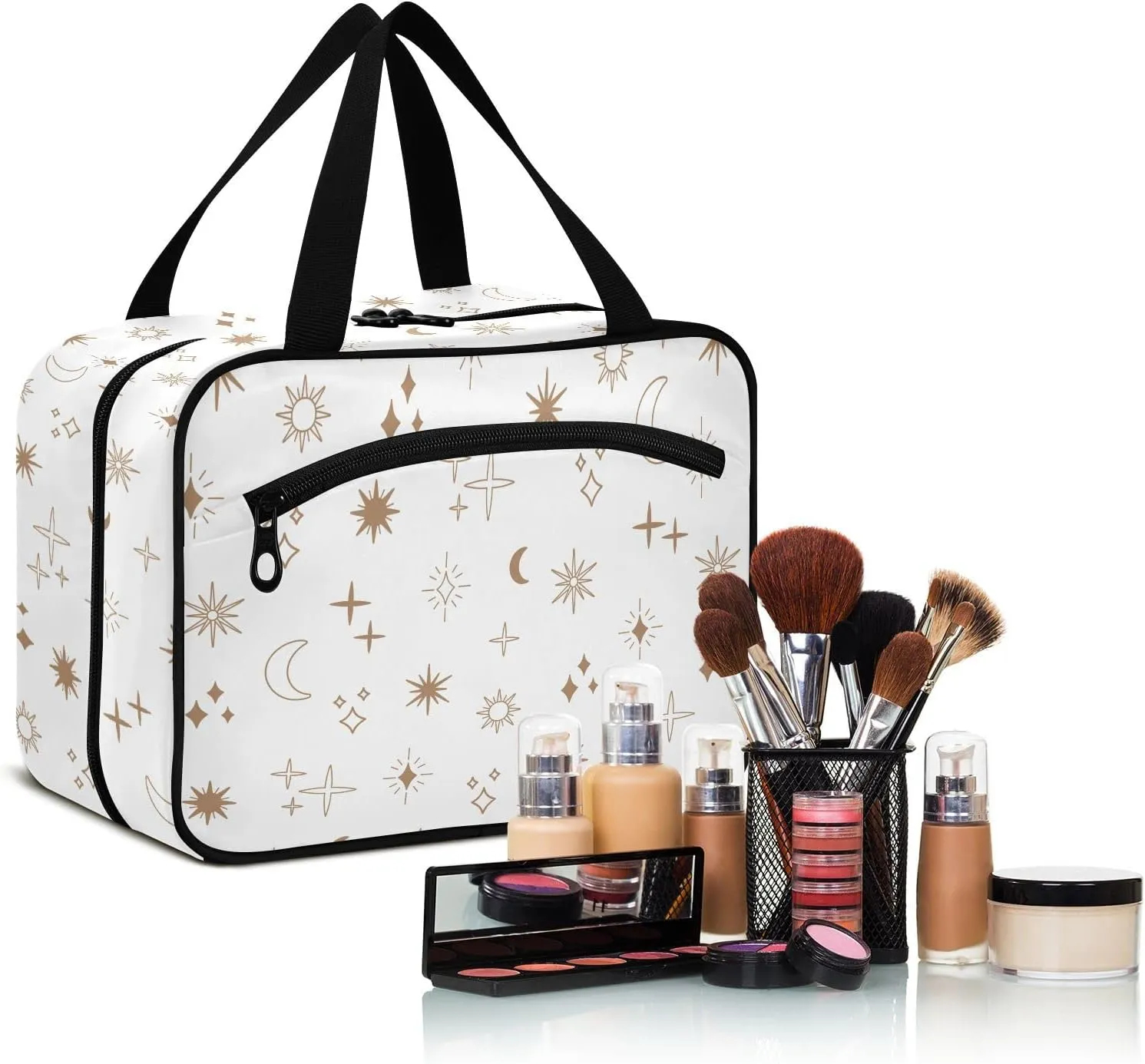 linqin Toiletry Bag for Travel, Boho Astrology Star Pattern Magic Makeup Bag Large Cosmetic Bag Organizer with Hanging Hook for Women Men