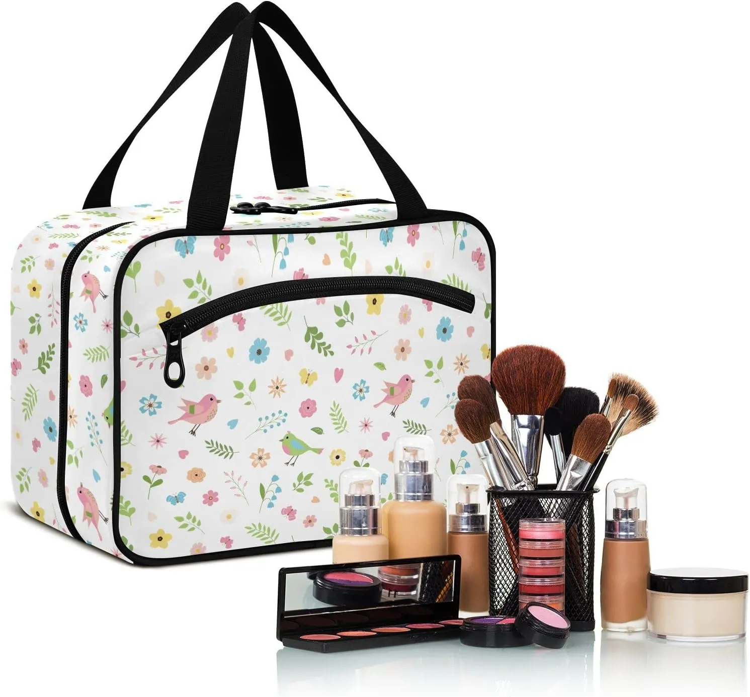 linqin Toiletry Bag for Travel, Cartoon Spring Birds Flowers Leaves Butterflies Makeup Bag Large Cosmetic Bag Organizer with Hanging Hook for Women Men