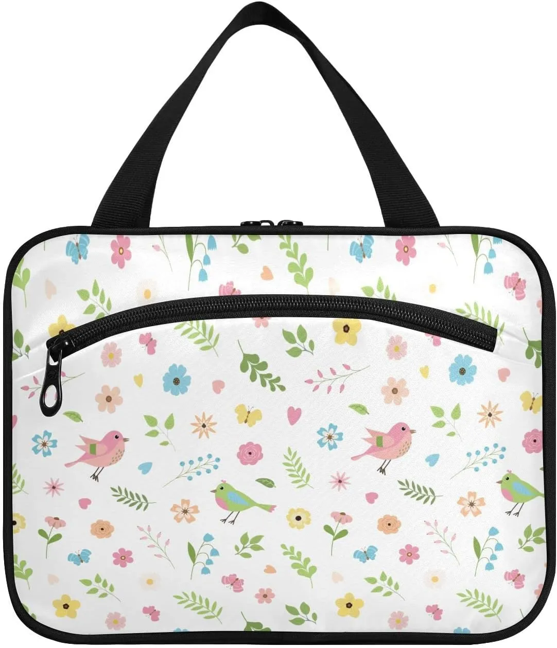 linqin Toiletry Bag for Travel, Cartoon Spring Birds Flowers Leaves Butterflies Makeup Bag Large Cosmetic Bag Organizer with Hanging Hook for Women Men
