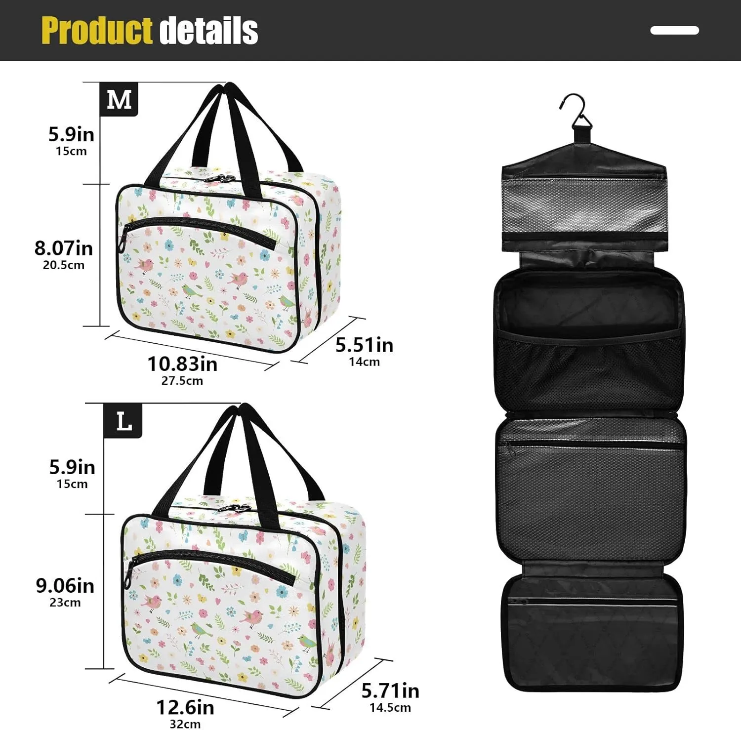 linqin Toiletry Bag for Travel, Cartoon Spring Birds Flowers Leaves Butterflies Makeup Bag Large Cosmetic Bag Organizer with Hanging Hook for Women Men