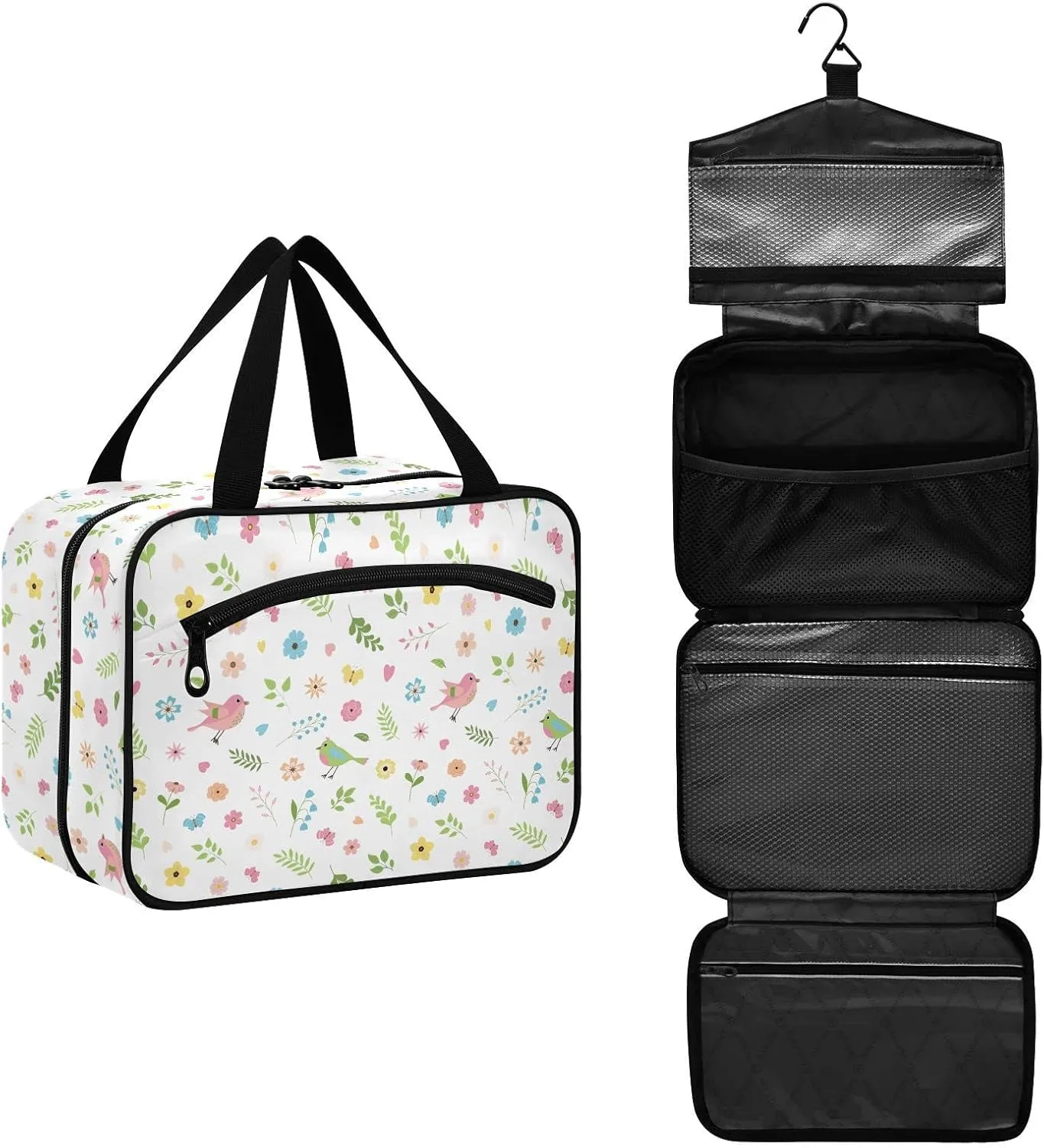 linqin Toiletry Bag for Travel, Cartoon Spring Birds Flowers Leaves Butterflies Makeup Bag Large Cosmetic Bag Organizer with Hanging Hook for Women Men