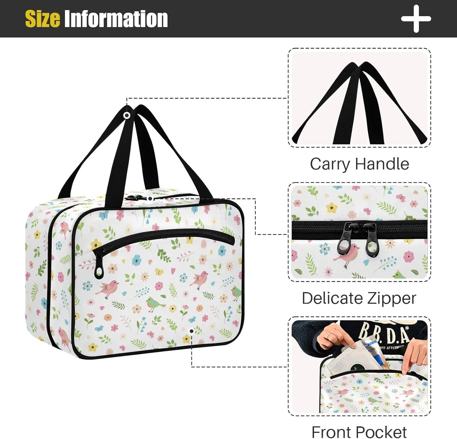 linqin Toiletry Bag for Travel, Cartoon Spring Birds Flowers Leaves Butterflies Makeup Bag Large Cosmetic Bag Organizer with Hanging Hook for Women Men