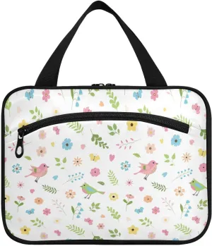 linqin Toiletry Bag for Travel, Cartoon Spring Birds Flowers Leaves Butterflies Makeup Bag Large Cosmetic Bag Organizer with Hanging Hook for Women Men