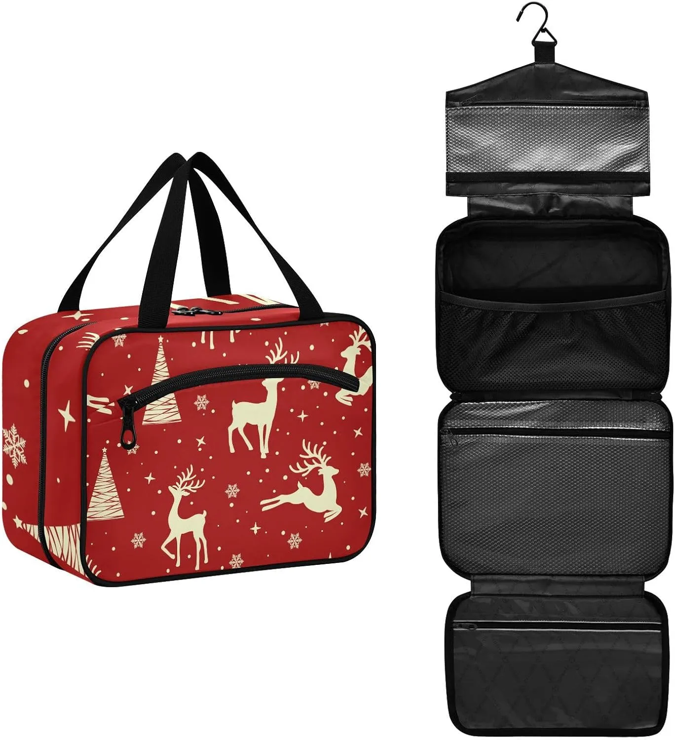linqin Toiletry Bag for Travel, Christmas Pattern with Reindeer Makeup Bag Large Cosmetic Bag Organizer with Hanging Hook for Women Men