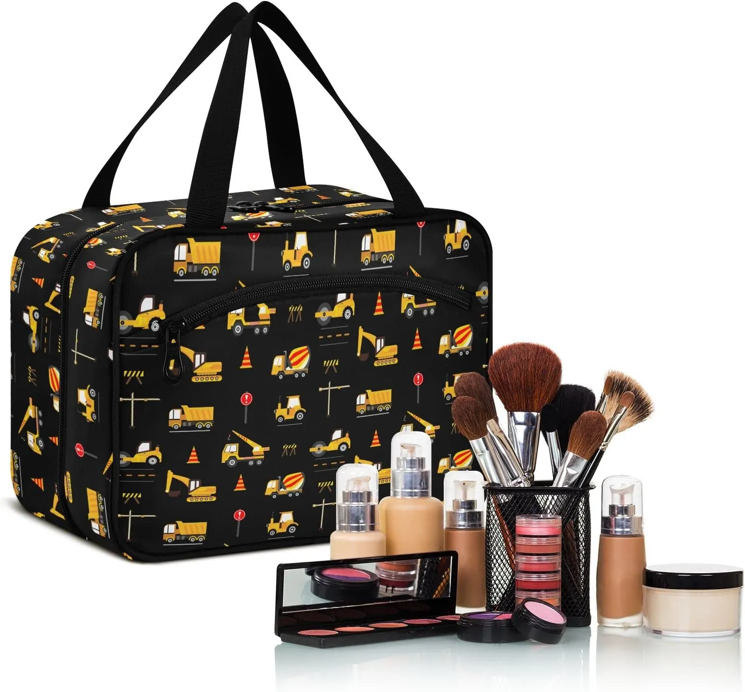 linqin Toiletry Bag for Travel, Construction Machinery Makeup Bag Large Cosmetic Bag Organizer with Hanging Hook for Women Men