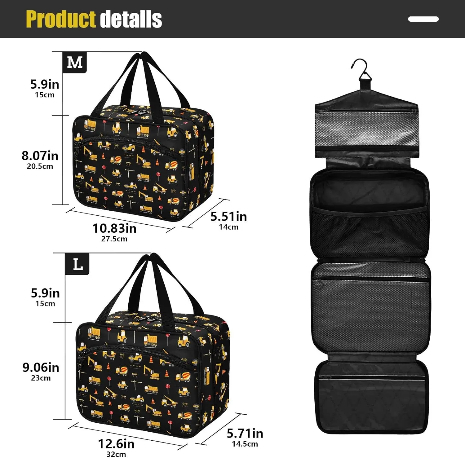 linqin Toiletry Bag for Travel, Construction Machinery Makeup Bag Large Cosmetic Bag Organizer with Hanging Hook for Women Men