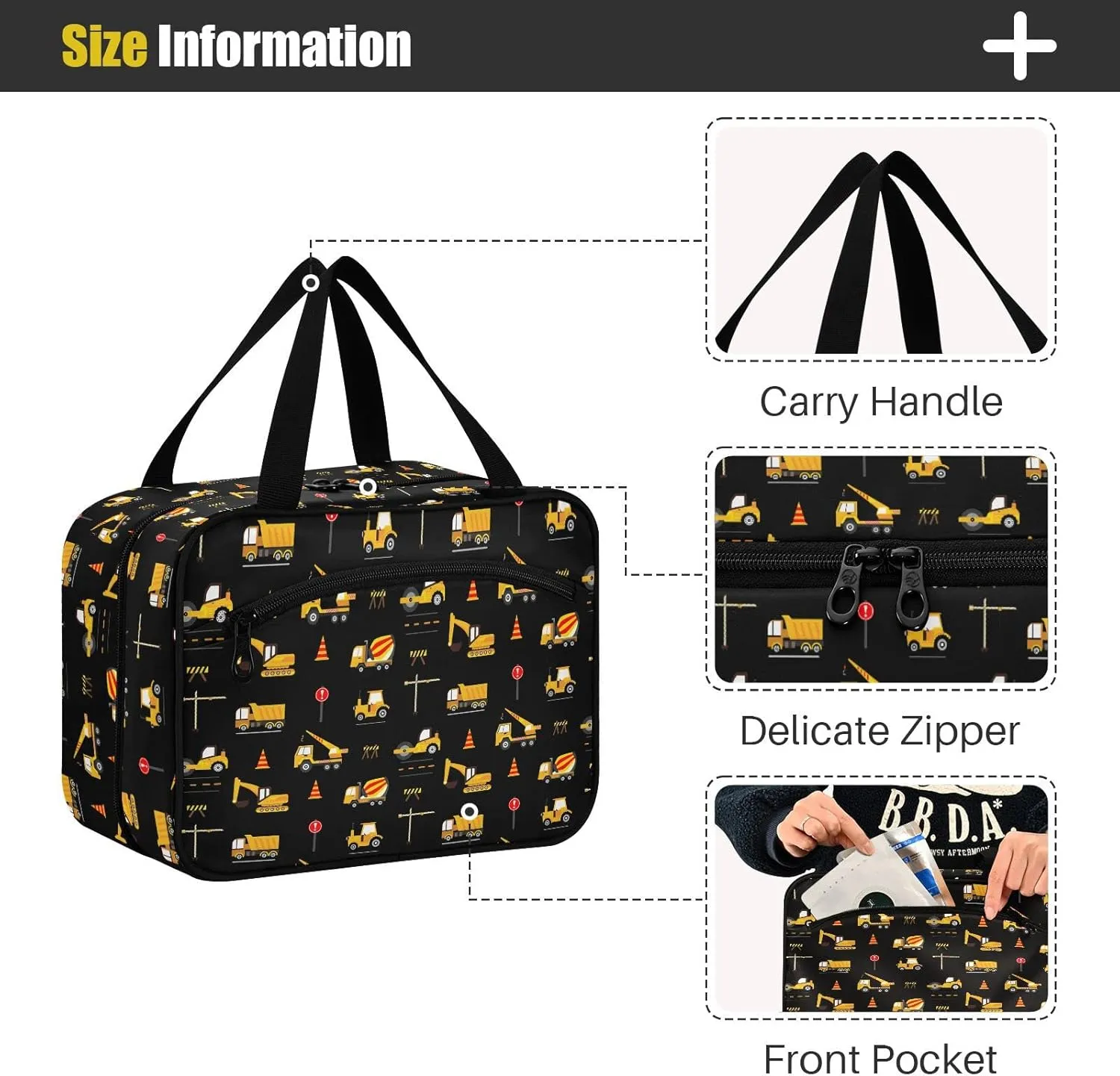 linqin Toiletry Bag for Travel, Construction Machinery Makeup Bag Large Cosmetic Bag Organizer with Hanging Hook for Women Men
