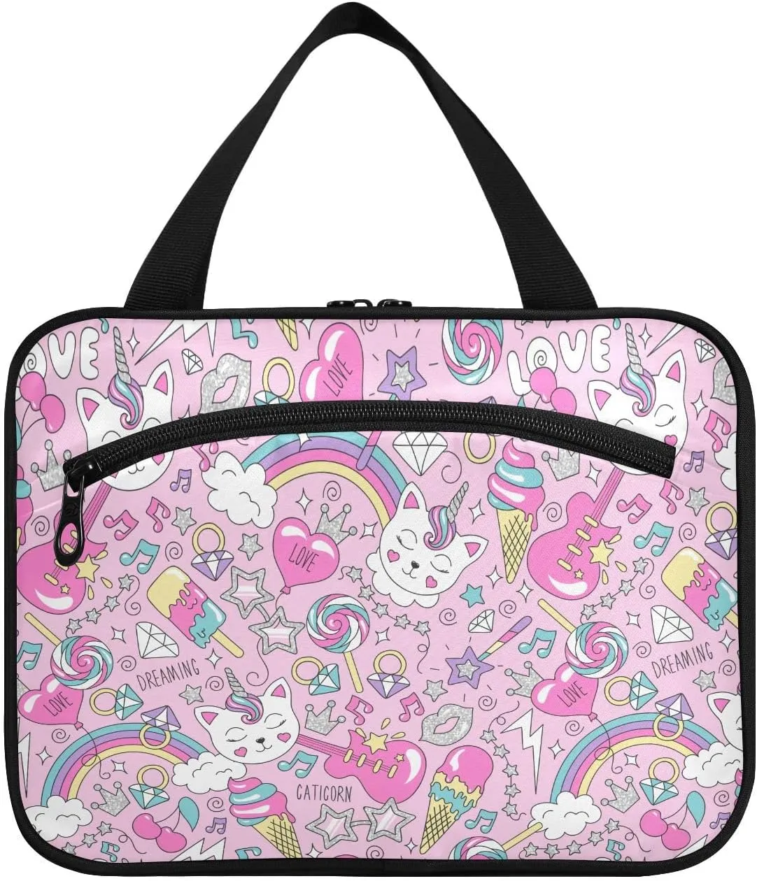 linqin Toiletry Bag for Travel, Cute Kitten Unicorn on Pink Background Makeup Bag Large Cosmetic Bag Organizer with Hanging Hook for Women Men