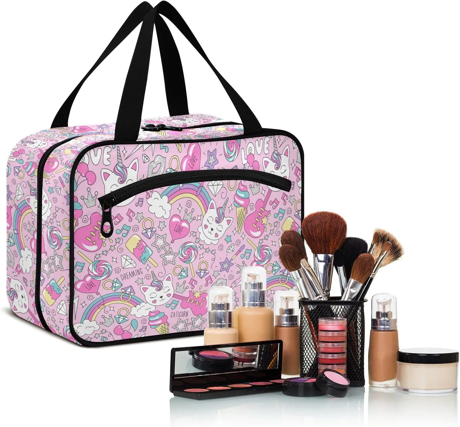 linqin Toiletry Bag for Travel, Cute Kitten Unicorn on Pink Background Makeup Bag Large Cosmetic Bag Organizer with Hanging Hook for Women Men
