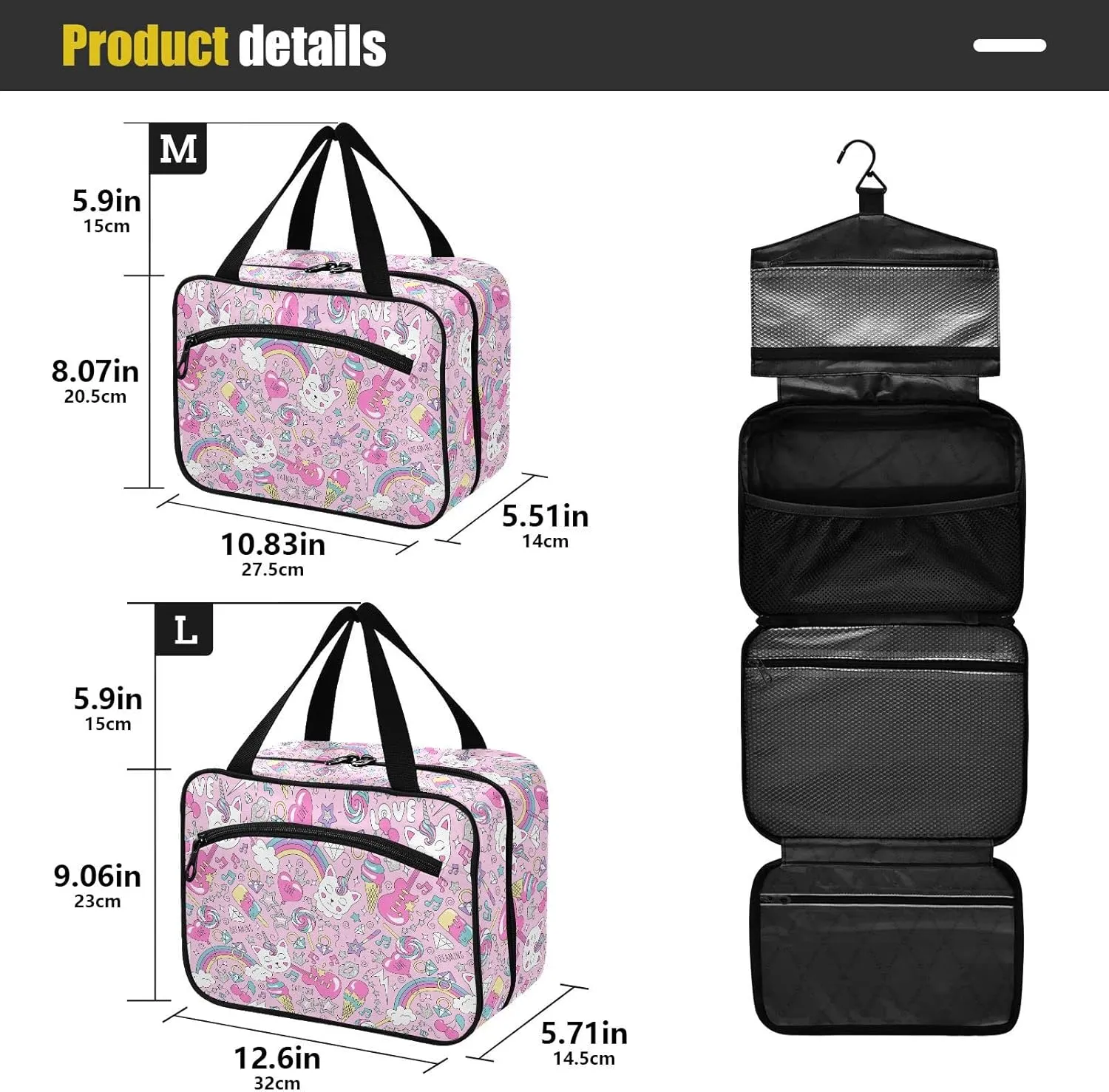linqin Toiletry Bag for Travel, Cute Kitten Unicorn on Pink Background Makeup Bag Large Cosmetic Bag Organizer with Hanging Hook for Women Men