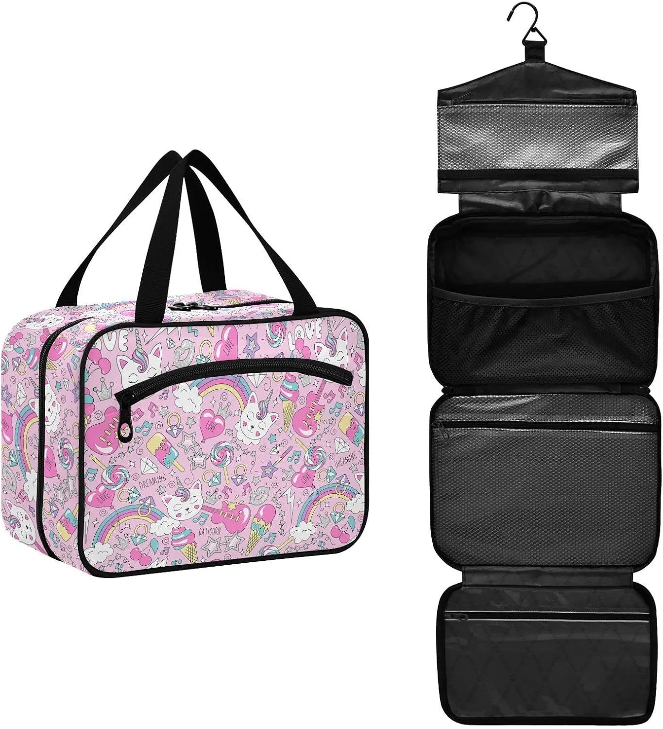 linqin Toiletry Bag for Travel, Cute Kitten Unicorn on Pink Background Makeup Bag Large Cosmetic Bag Organizer with Hanging Hook for Women Men