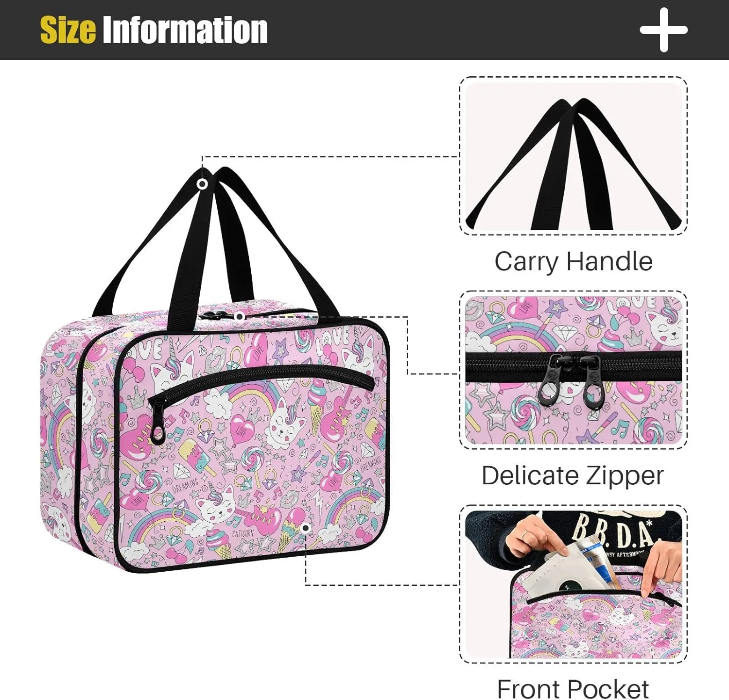 linqin Toiletry Bag for Travel, Cute Kitten Unicorn on Pink Background Makeup Bag Large Cosmetic Bag Organizer with Hanging Hook for Women Men