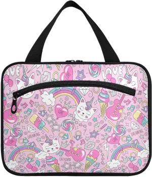 linqin Toiletry Bag for Travel, Cute Kitten Unicorn on Pink Background Makeup Bag Large Cosmetic Bag Organizer with Hanging Hook for Women Men