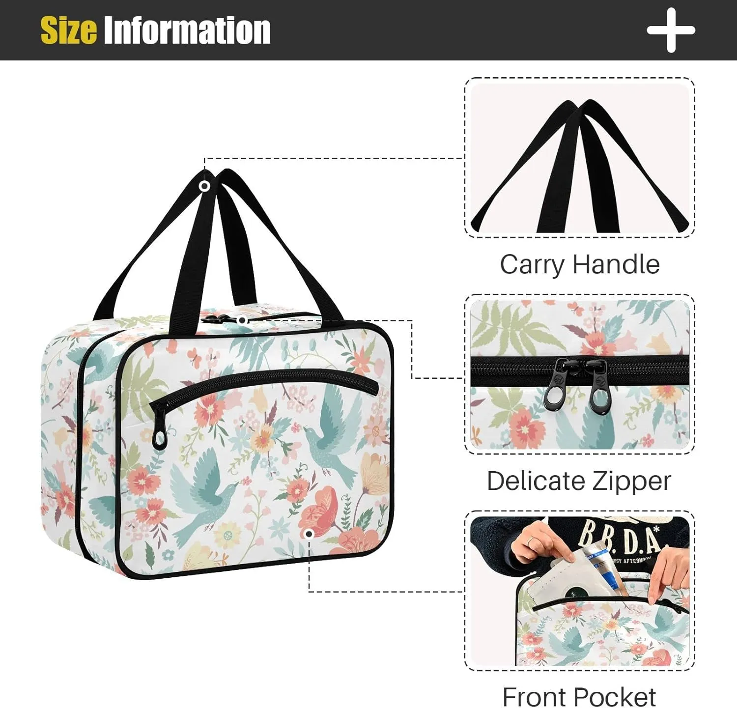 linqin Toiletry Bag for Travel, Cute Pattern Birds Flowers Makeup Bag Large Cosmetic Bag Organizer with Hanging Hook for Women Men