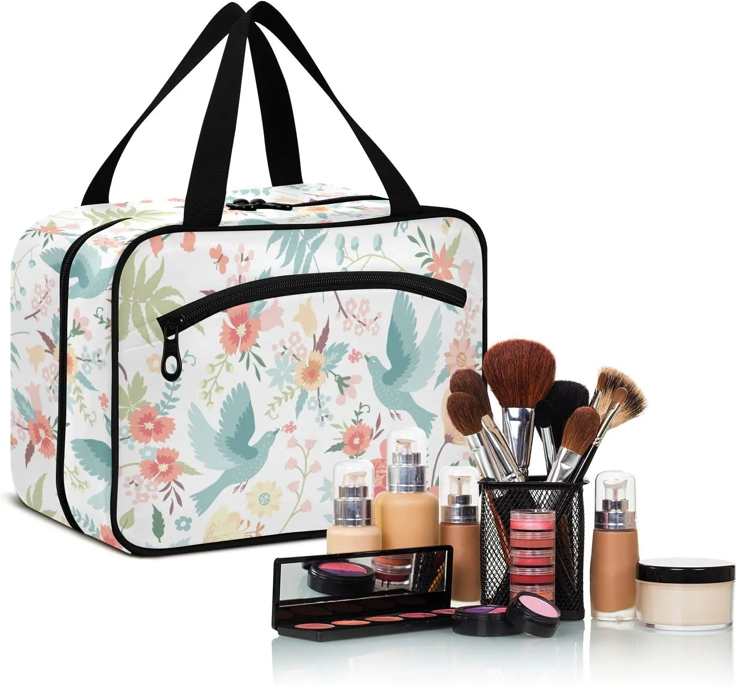 linqin Toiletry Bag for Travel, Cute Pattern Birds Flowers Makeup Bag Large Cosmetic Bag Organizer with Hanging Hook for Women Men