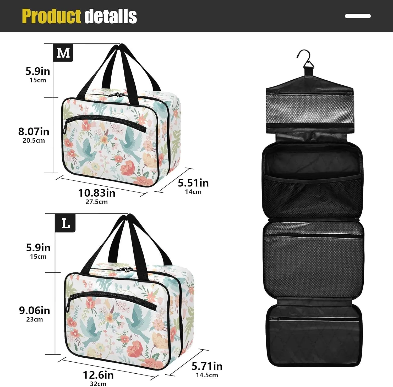 linqin Toiletry Bag for Travel, Cute Pattern Birds Flowers Makeup Bag Large Cosmetic Bag Organizer with Hanging Hook for Women Men