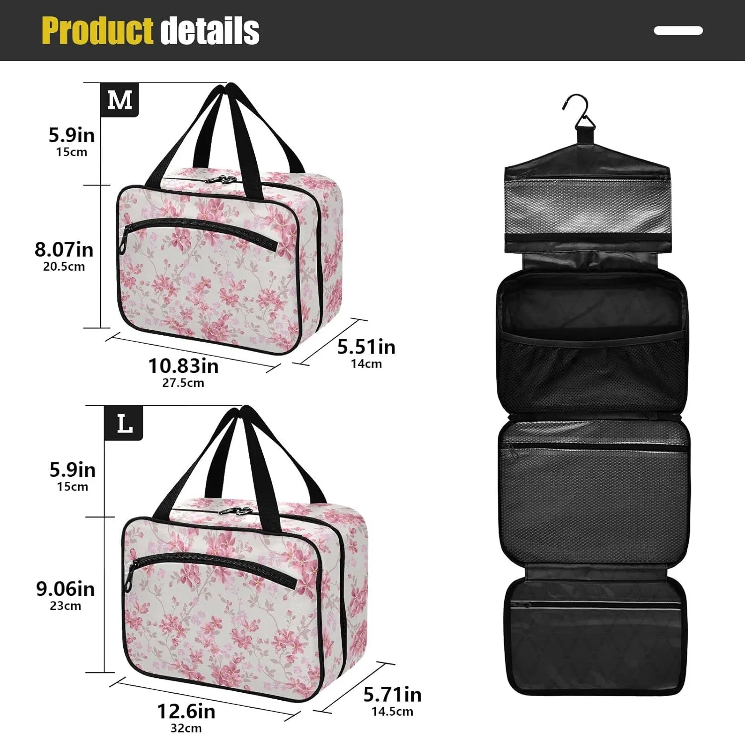 linqin Toiletry Bag for Travel, Floral Pink Makeup Bag Large Cosmetic Bag Organizer with Hanging Hook for Women Men