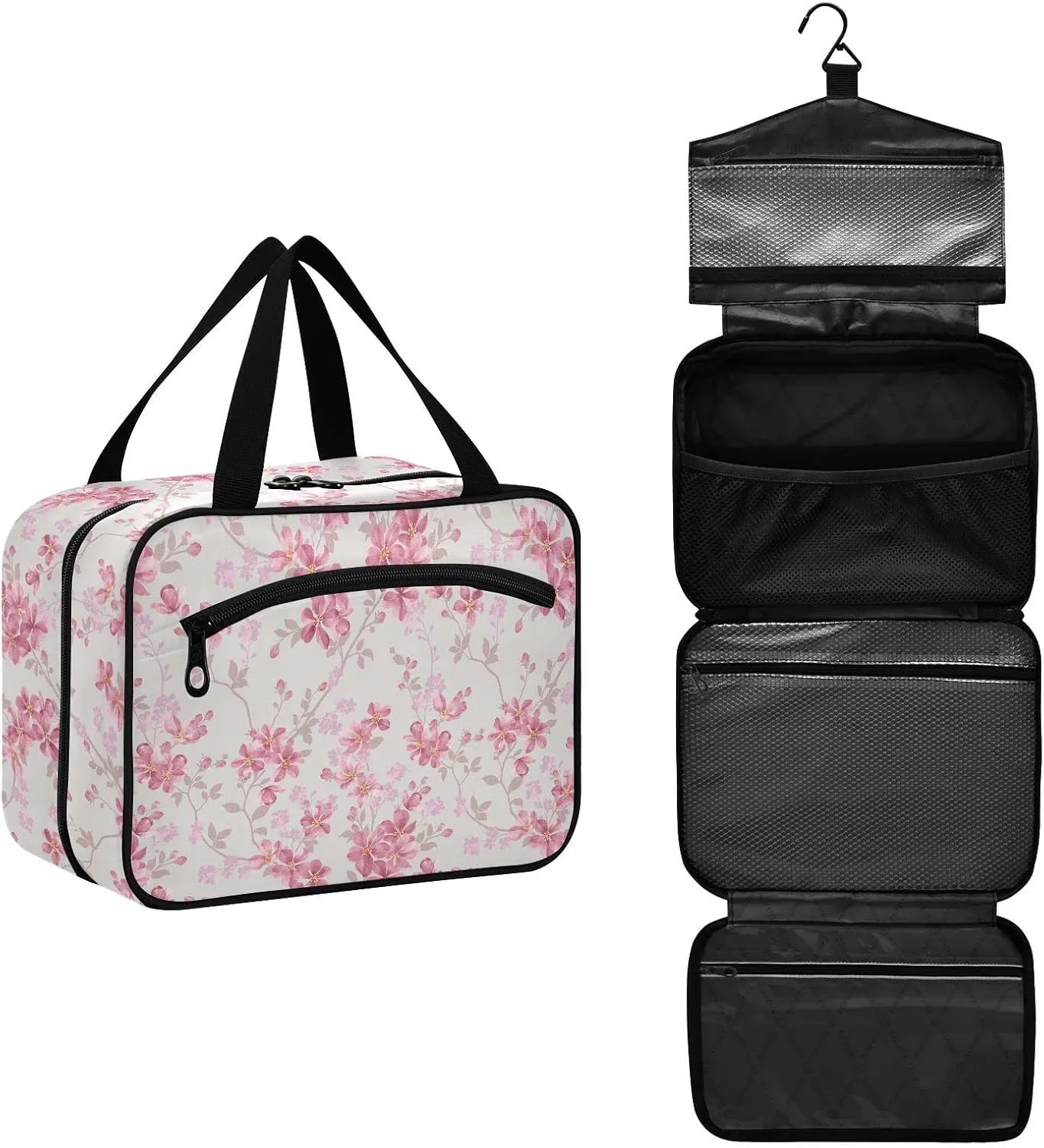 linqin Toiletry Bag for Travel, Floral Pink Makeup Bag Large Cosmetic Bag Organizer with Hanging Hook for Women Men