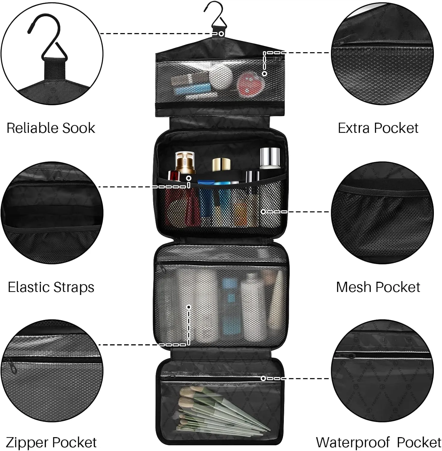 linqin Toiletry Bag for Travel, Floral Pink Makeup Bag Large Cosmetic Bag Organizer with Hanging Hook for Women Men
