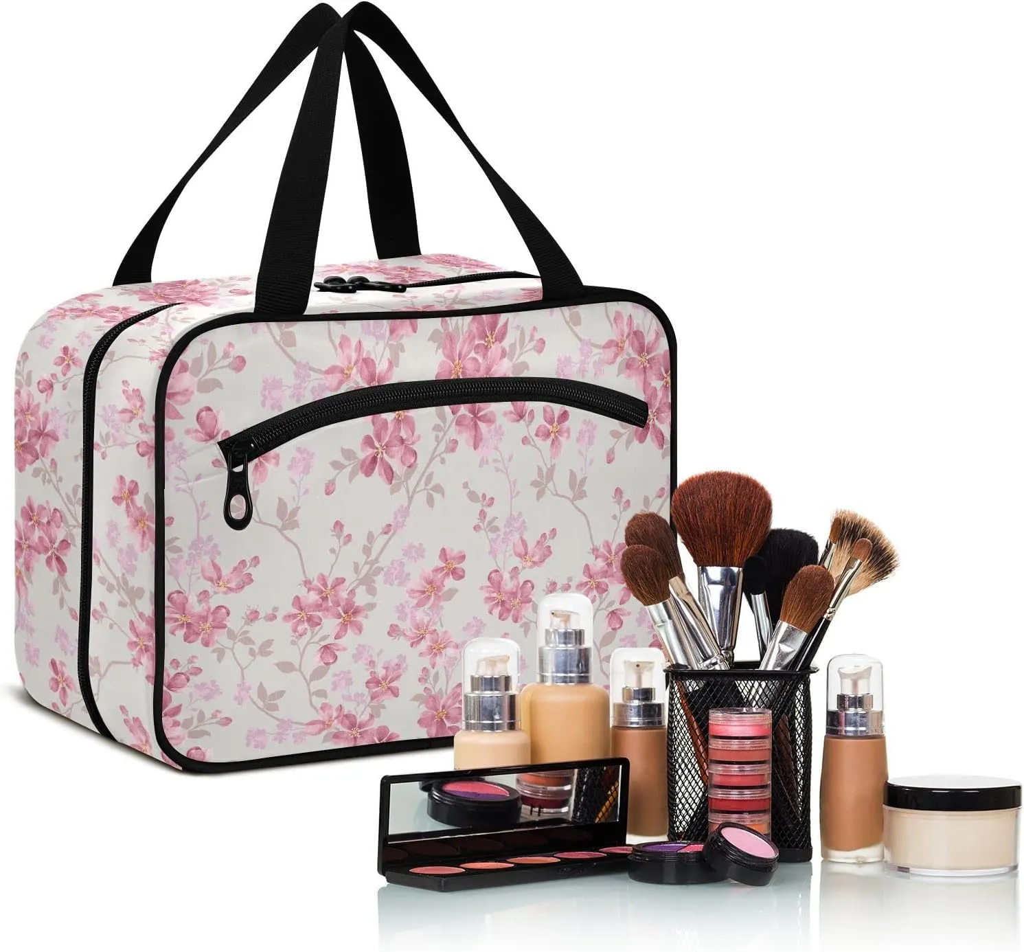 linqin Toiletry Bag for Travel, Floral Pink Makeup Bag Large Cosmetic Bag Organizer with Hanging Hook for Women Men