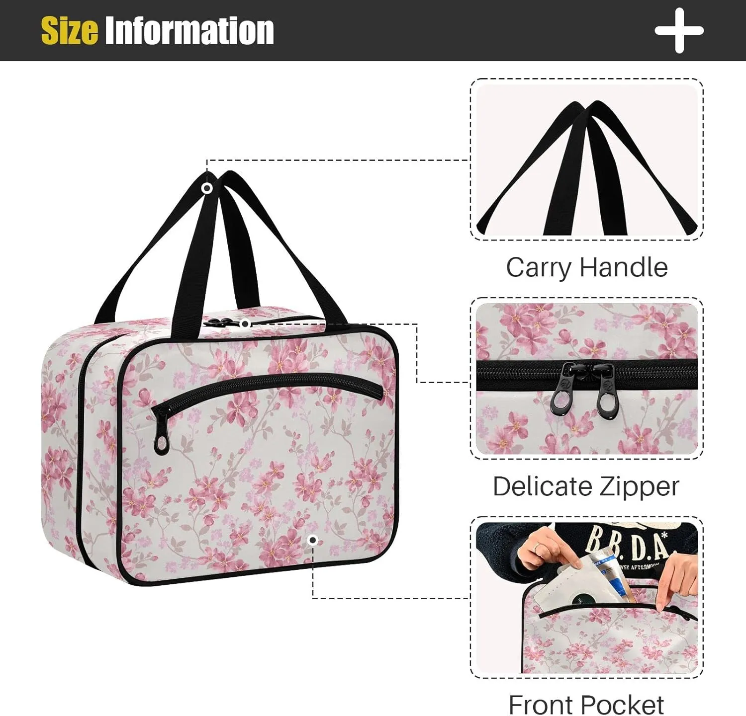 linqin Toiletry Bag for Travel, Floral Pink Makeup Bag Large Cosmetic Bag Organizer with Hanging Hook for Women Men