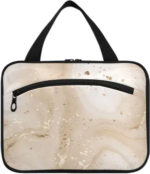 linqin Toiletry Bag for Travel, Fluid Beige Marble Canvas Makeup Bag Large Cosmetic Bag Organizer with Hanging Hook for Women Men