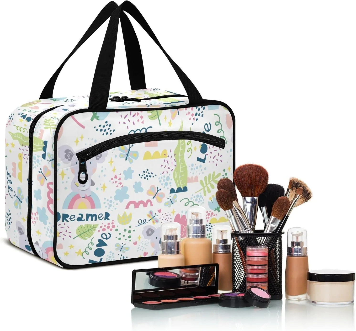 linqin Toiletry Bag for Travel, Koalas with The Dreamers and Love Makeup Bag Large Cosmetic Bag Organizer with Hanging Hook for Women Men