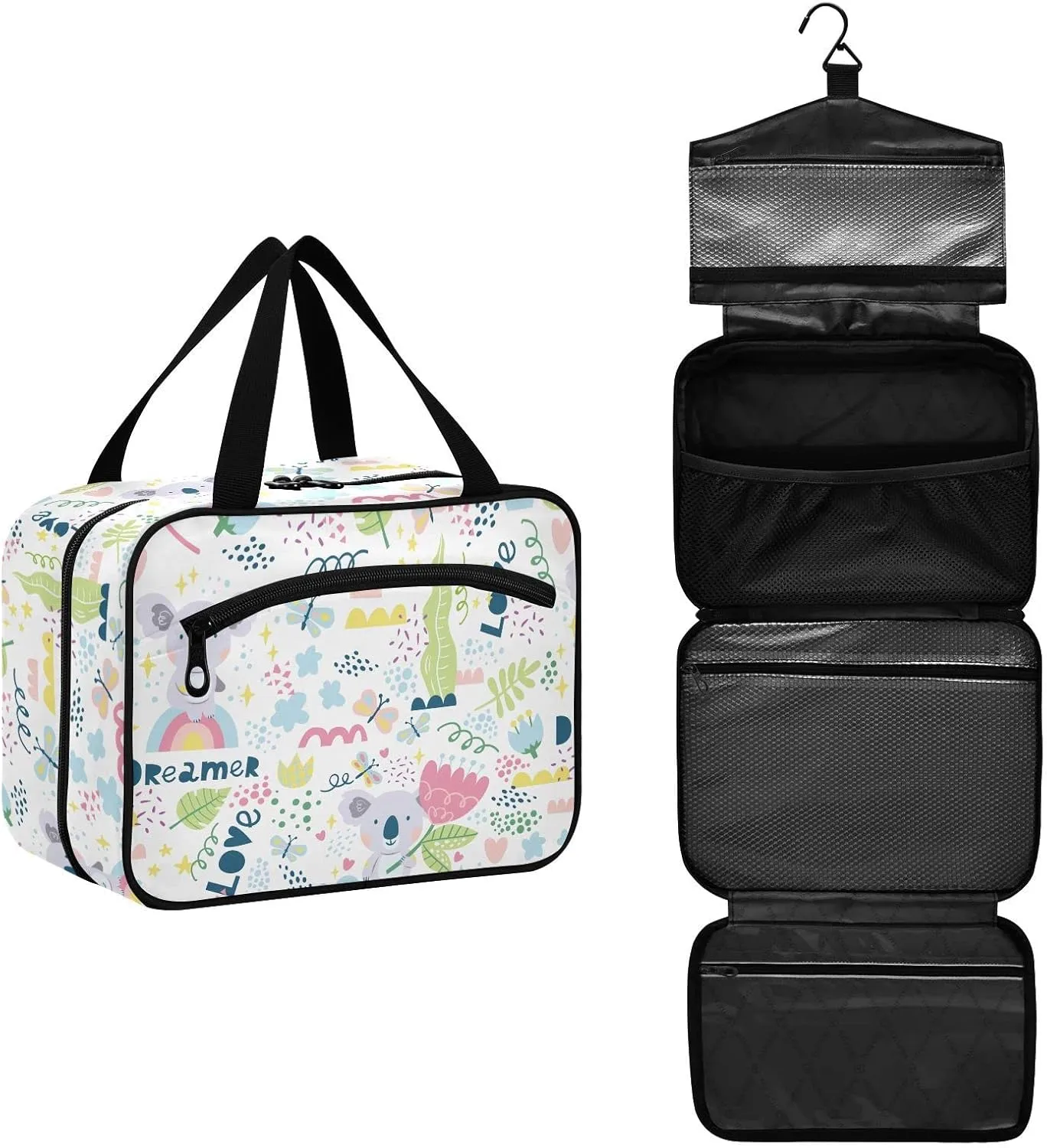 linqin Toiletry Bag for Travel, Koalas with The Dreamers and Love Makeup Bag Large Cosmetic Bag Organizer with Hanging Hook for Women Men
