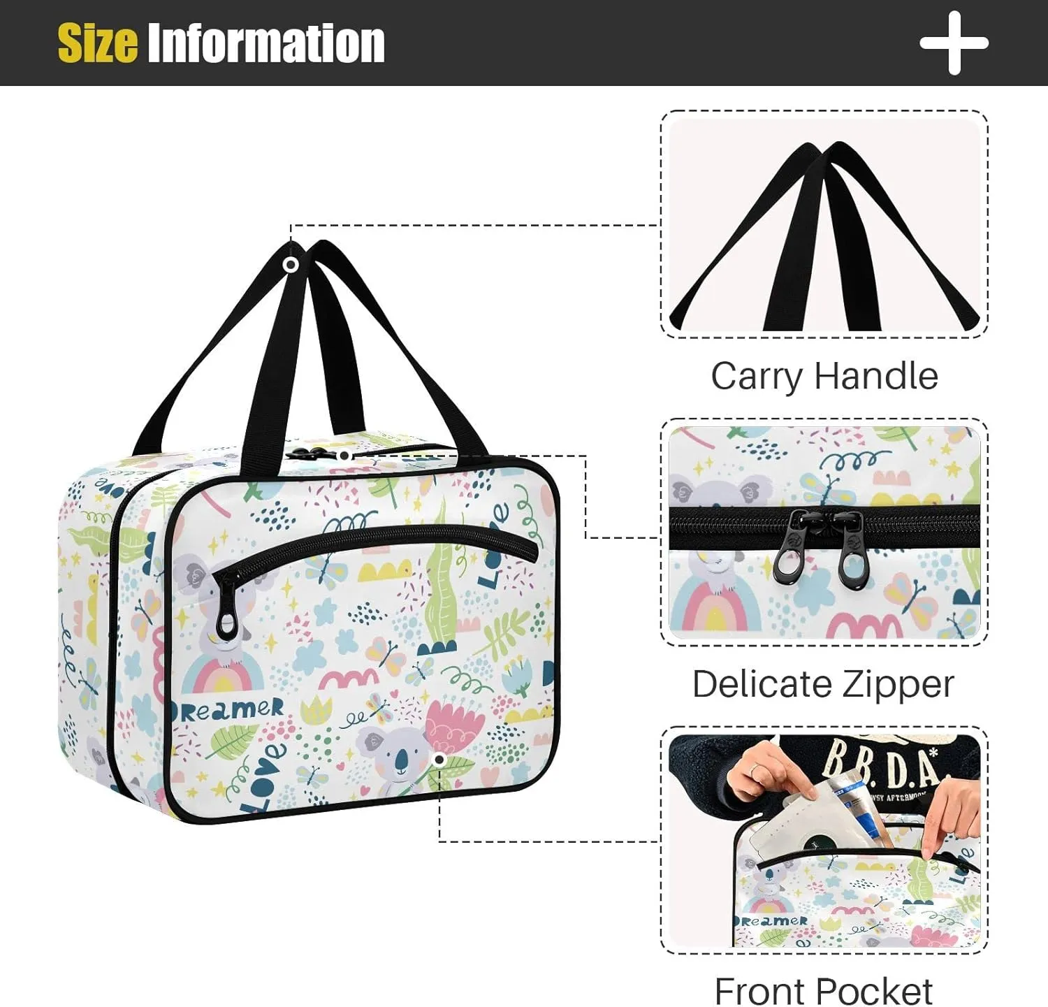 linqin Toiletry Bag for Travel, Koalas with The Dreamers and Love Makeup Bag Large Cosmetic Bag Organizer with Hanging Hook for Women Men