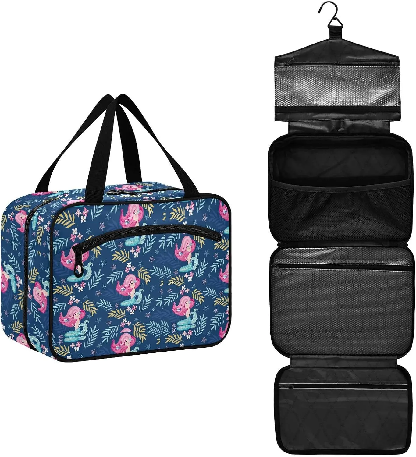 linqin Toiletry Bag for Travel, Mermaid Blue Makeup Bag Large Cosmetic Bag Organizer with Hanging Hook for Women Men