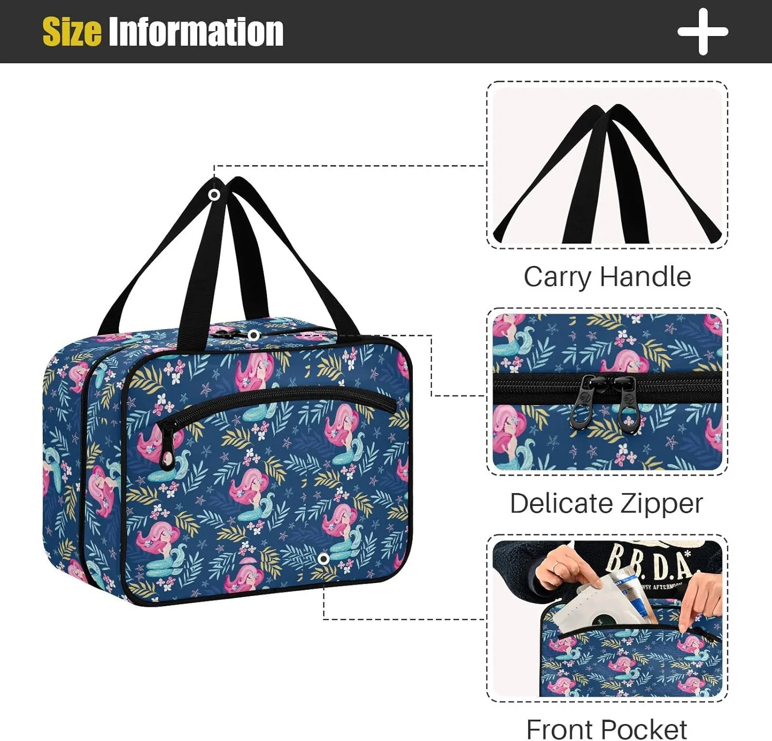 linqin Toiletry Bag for Travel, Mermaid Blue Makeup Bag Large Cosmetic Bag Organizer with Hanging Hook for Women Men