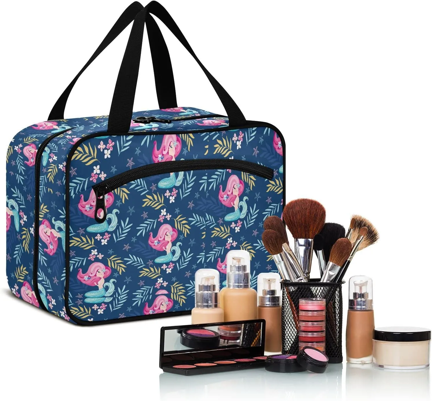 linqin Toiletry Bag for Travel, Mermaid Blue Makeup Bag Large Cosmetic Bag Organizer with Hanging Hook for Women Men