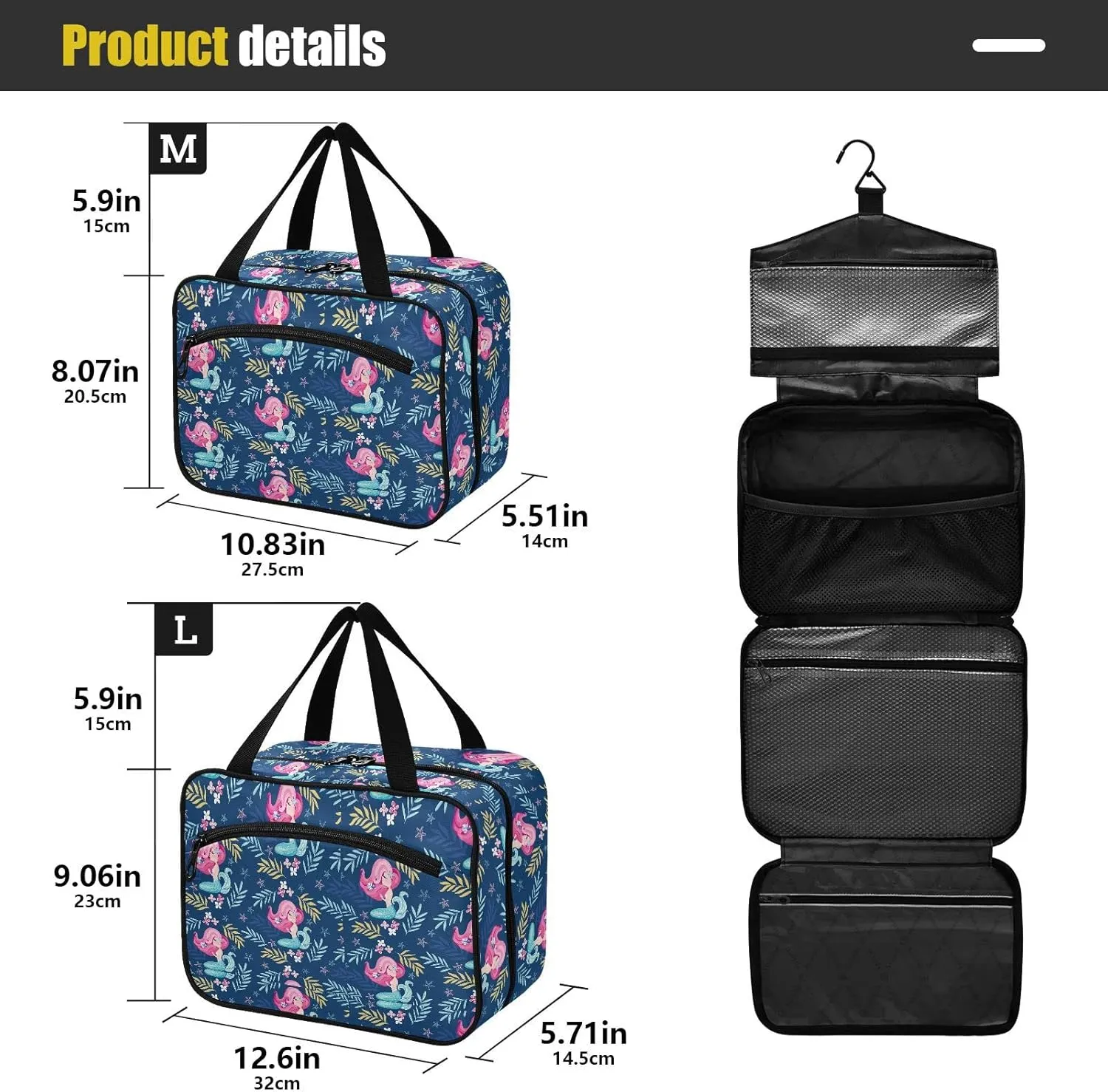 linqin Toiletry Bag for Travel, Mermaid Blue Makeup Bag Large Cosmetic Bag Organizer with Hanging Hook for Women Men