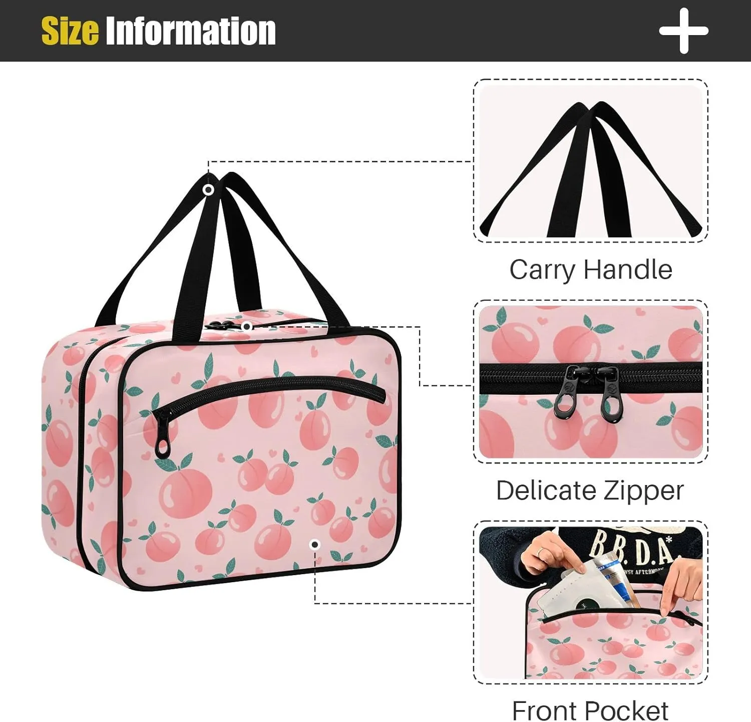 linqin Toiletry Bag for Travel, Pink Peach Hearts Makeup Bag Large Cosmetic Bag Organizer with Hanging Hook for Women Men