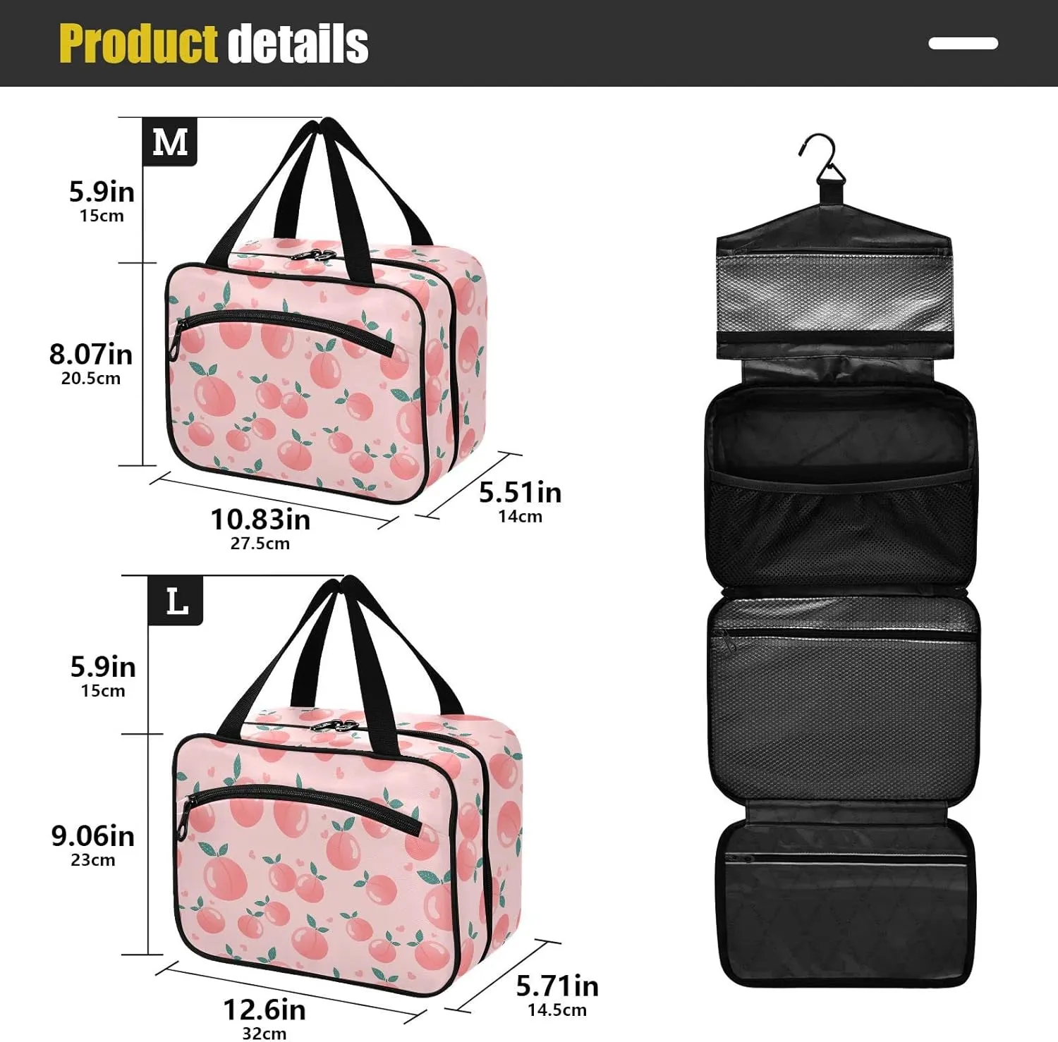 linqin Toiletry Bag for Travel, Pink Peach Hearts Makeup Bag Large Cosmetic Bag Organizer with Hanging Hook for Women Men