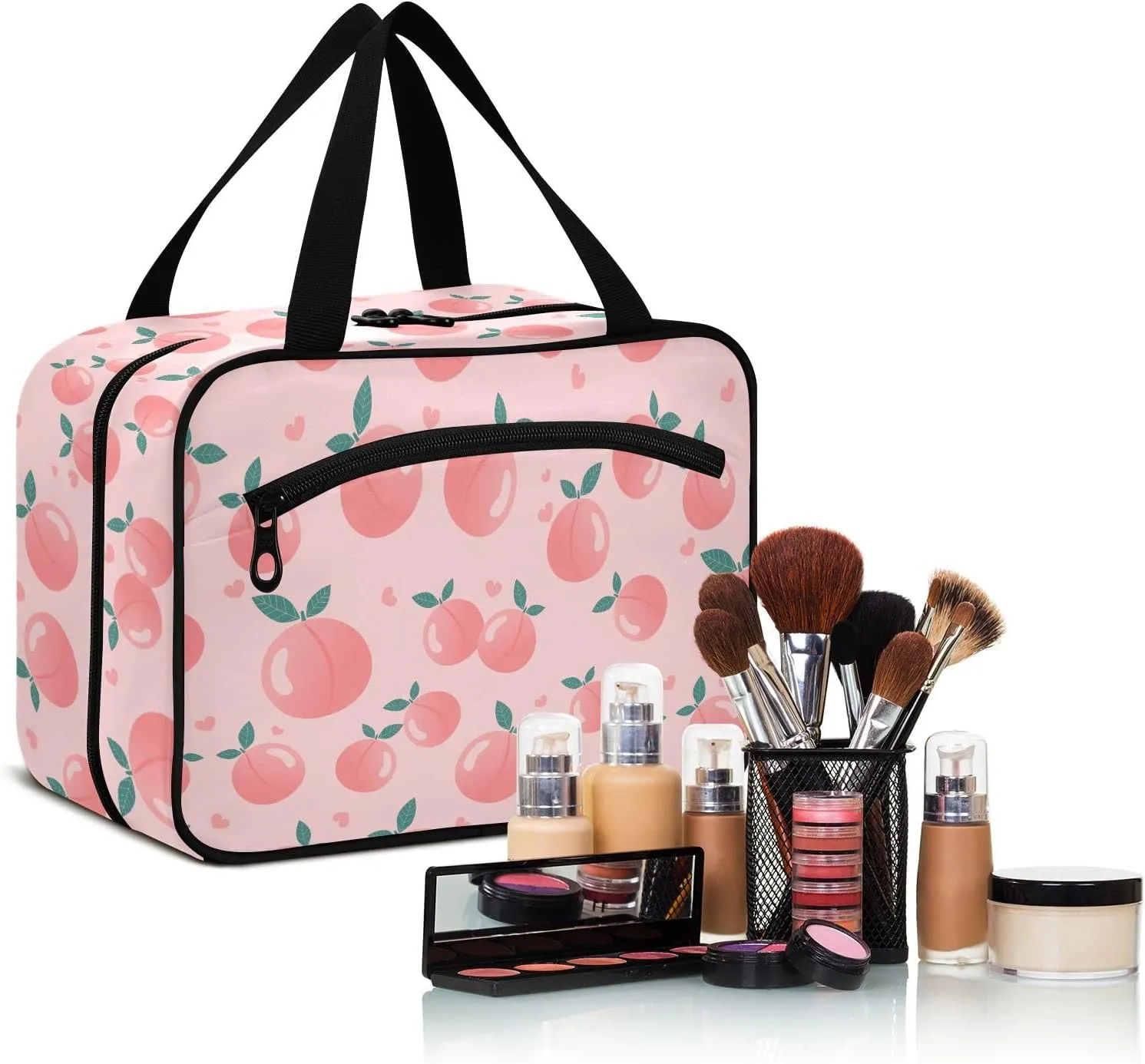 linqin Toiletry Bag for Travel, Pink Peach Hearts Makeup Bag Large Cosmetic Bag Organizer with Hanging Hook for Women Men