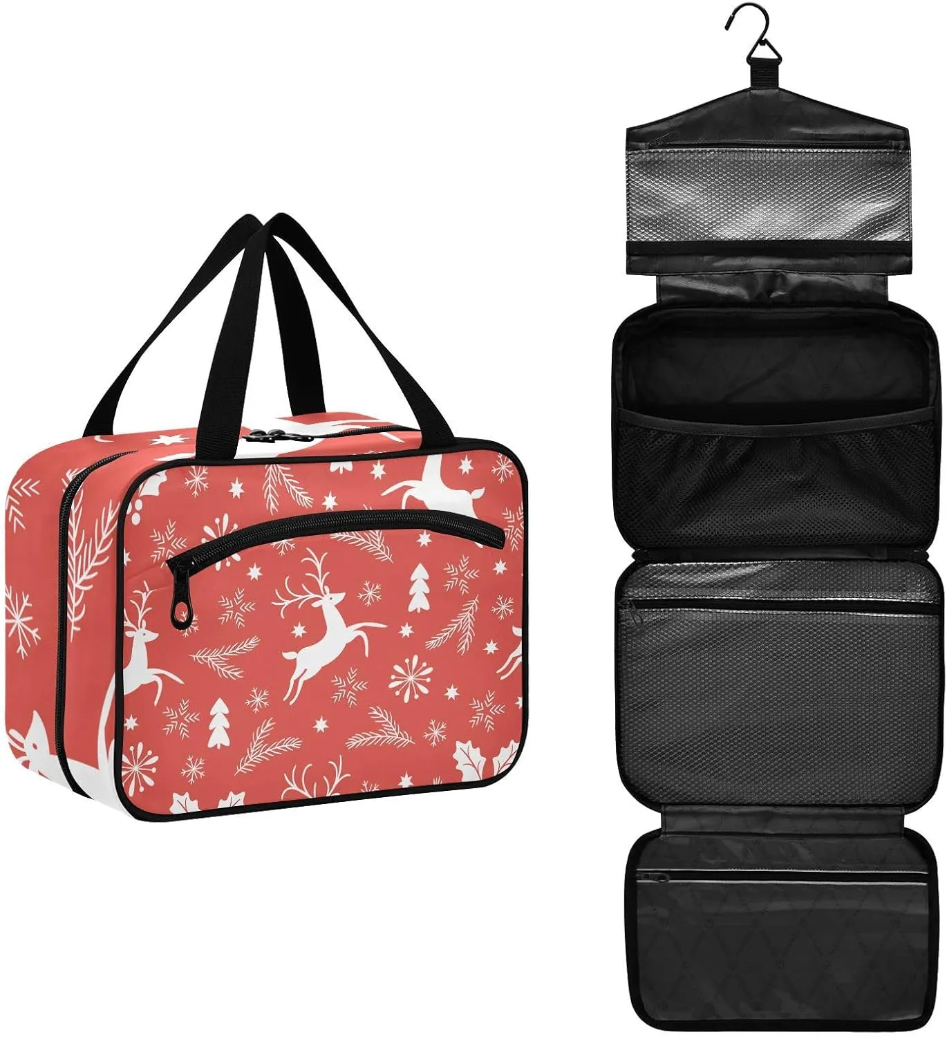 linqin Toiletry Bag for Travel, Red Christmas Reindeer Makeup Bag Large Cosmetic Bag Organizer with Hanging Hook for Women Men