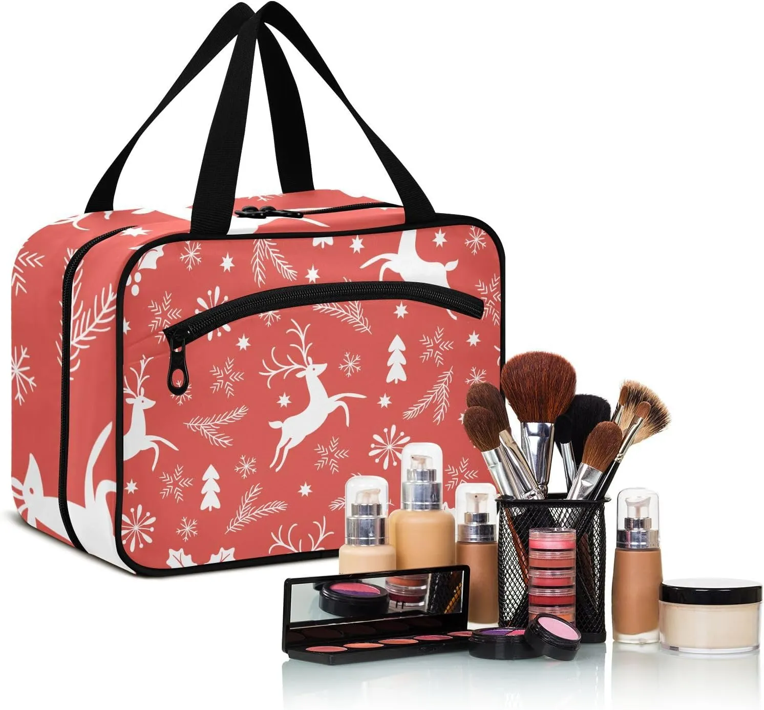linqin Toiletry Bag for Travel, Red Christmas Reindeer Makeup Bag Large Cosmetic Bag Organizer with Hanging Hook for Women Men