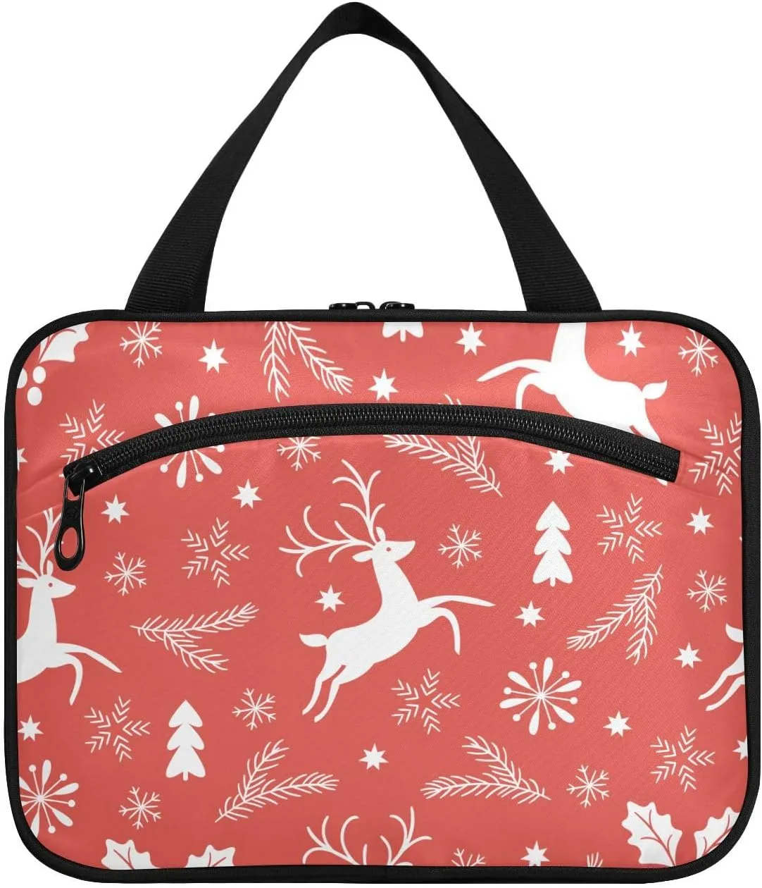 linqin Toiletry Bag for Travel, Red Christmas Reindeer Makeup Bag Large Cosmetic Bag Organizer with Hanging Hook for Women Men