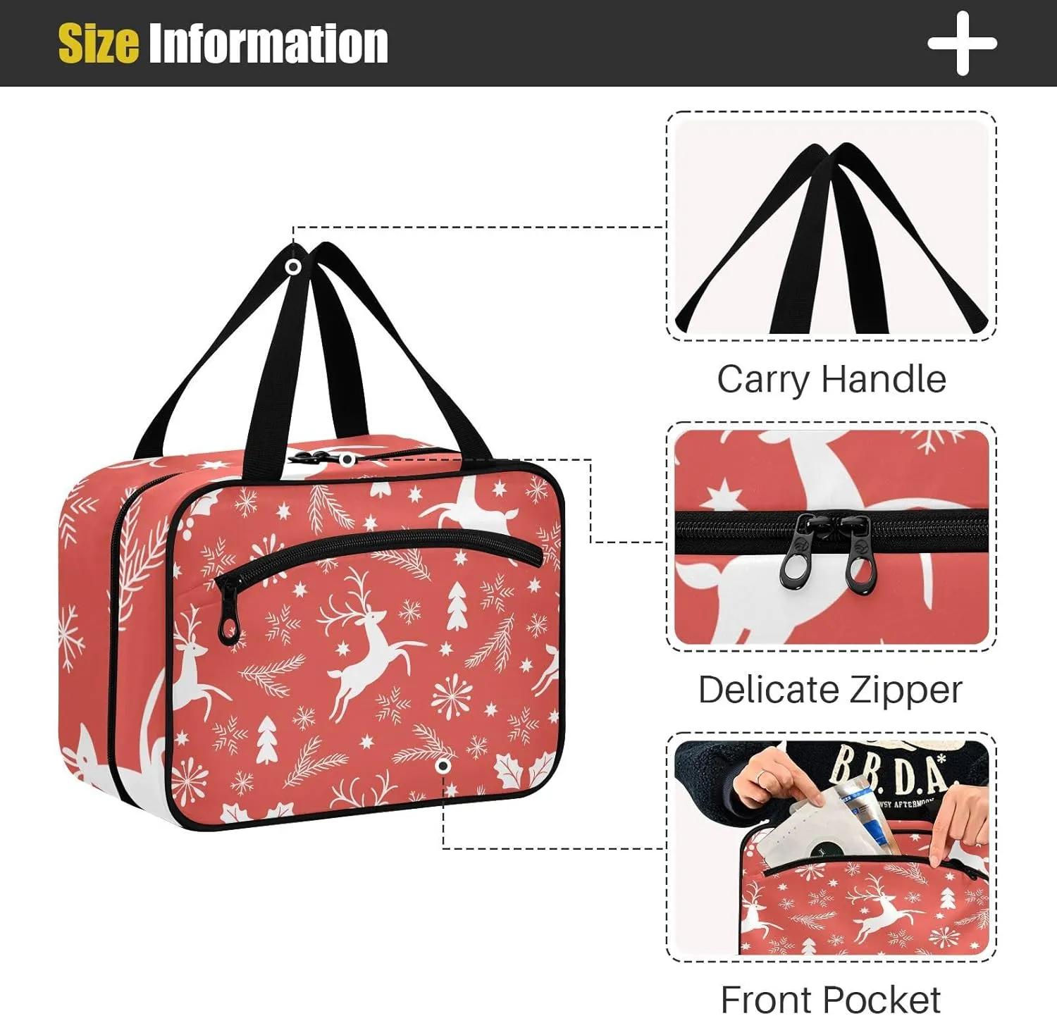 linqin Toiletry Bag for Travel, Red Christmas Reindeer Makeup Bag Large Cosmetic Bag Organizer with Hanging Hook for Women Men