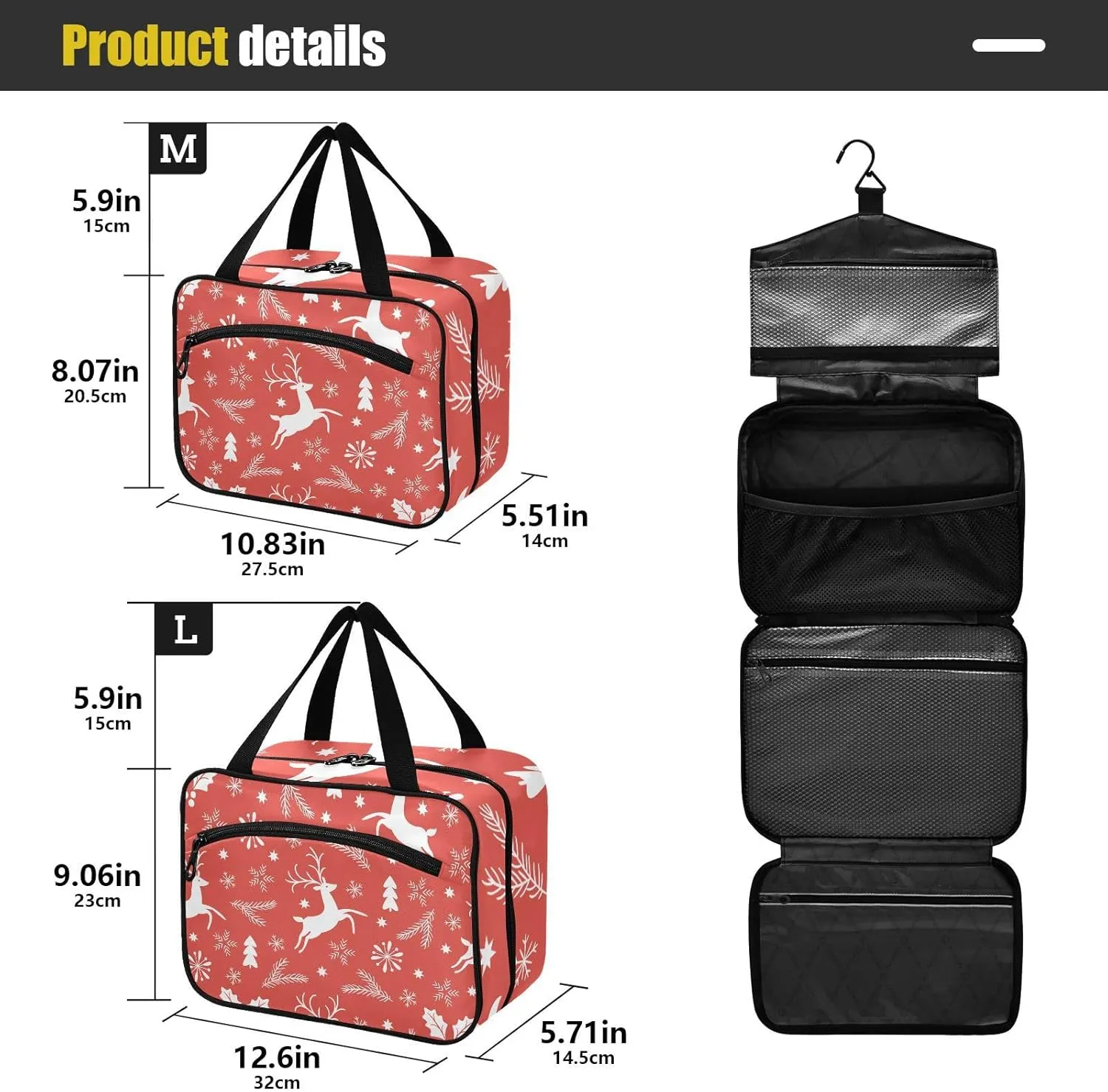 linqin Toiletry Bag for Travel, Red Christmas Reindeer Makeup Bag Large Cosmetic Bag Organizer with Hanging Hook for Women Men