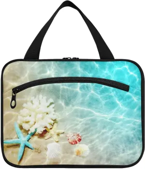 linqin Toiletry Bag for Travel, Starfish and Seashell on The Summer Beach in Sea Water Summer Makeup Bag Large Cosmetic Bag Organizer with Hanging Hook for Women Men