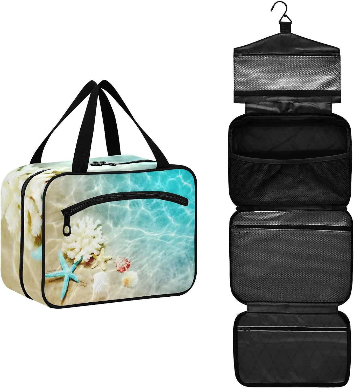 linqin Toiletry Bag for Travel, Starfish and Seashell on The Summer Beach in Sea Water Summer Makeup Bag Large Cosmetic Bag Organizer with Hanging Hook for Women Men