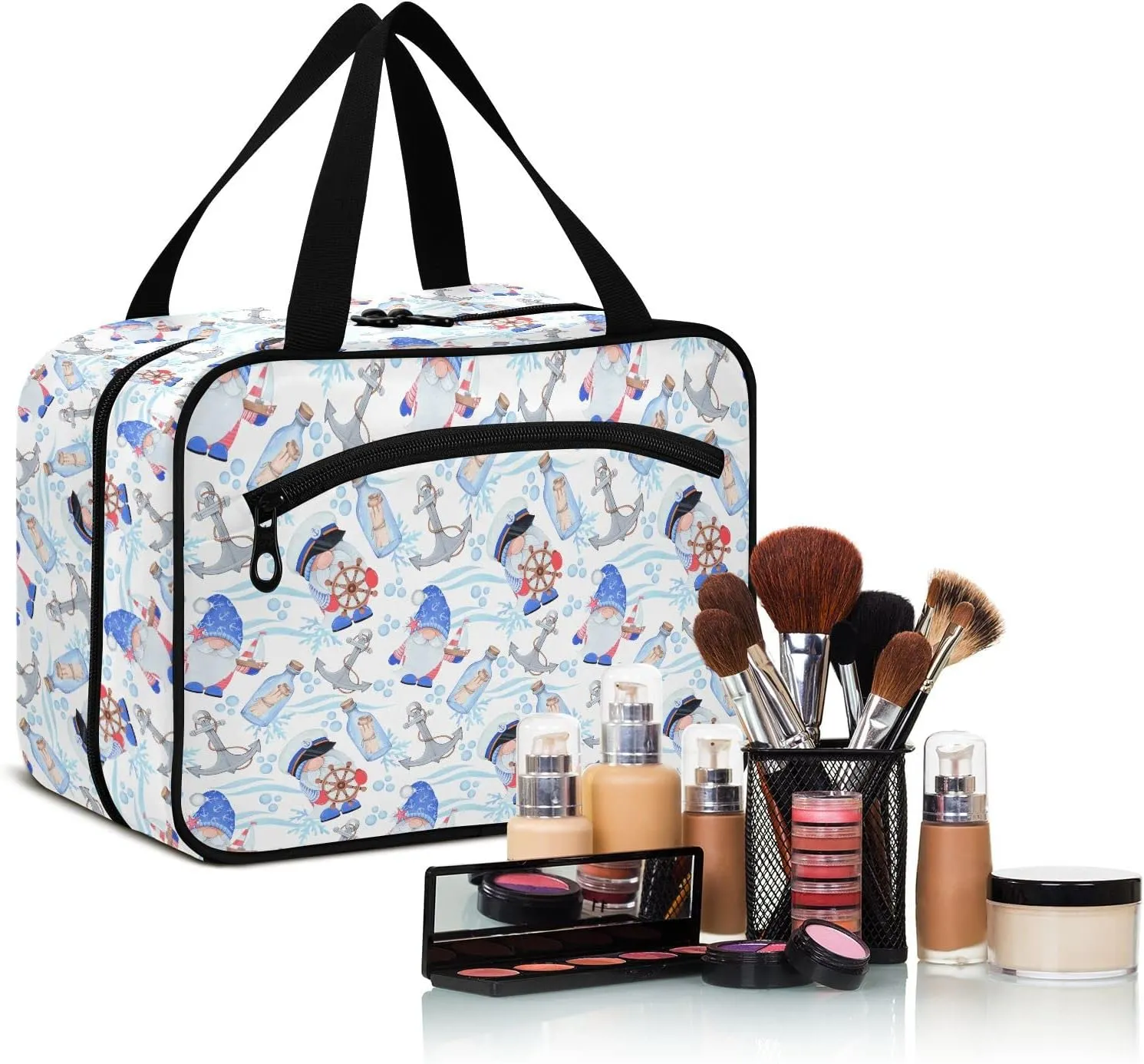 linqin Toiletry Bag for Travel, Starfish Ship Crab Anchor Makeup Bag Large Cosmetic Bag Organizer with Hanging Hook for Women Men