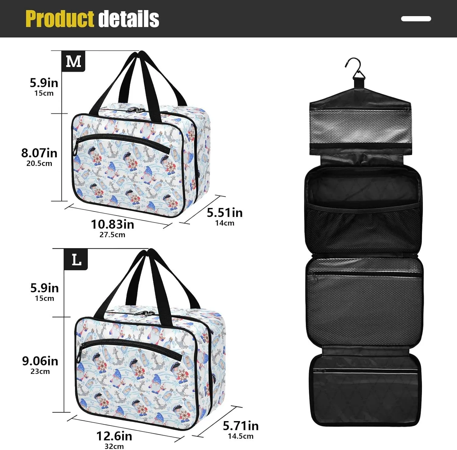 linqin Toiletry Bag for Travel, Starfish Ship Crab Anchor Makeup Bag Large Cosmetic Bag Organizer with Hanging Hook for Women Men