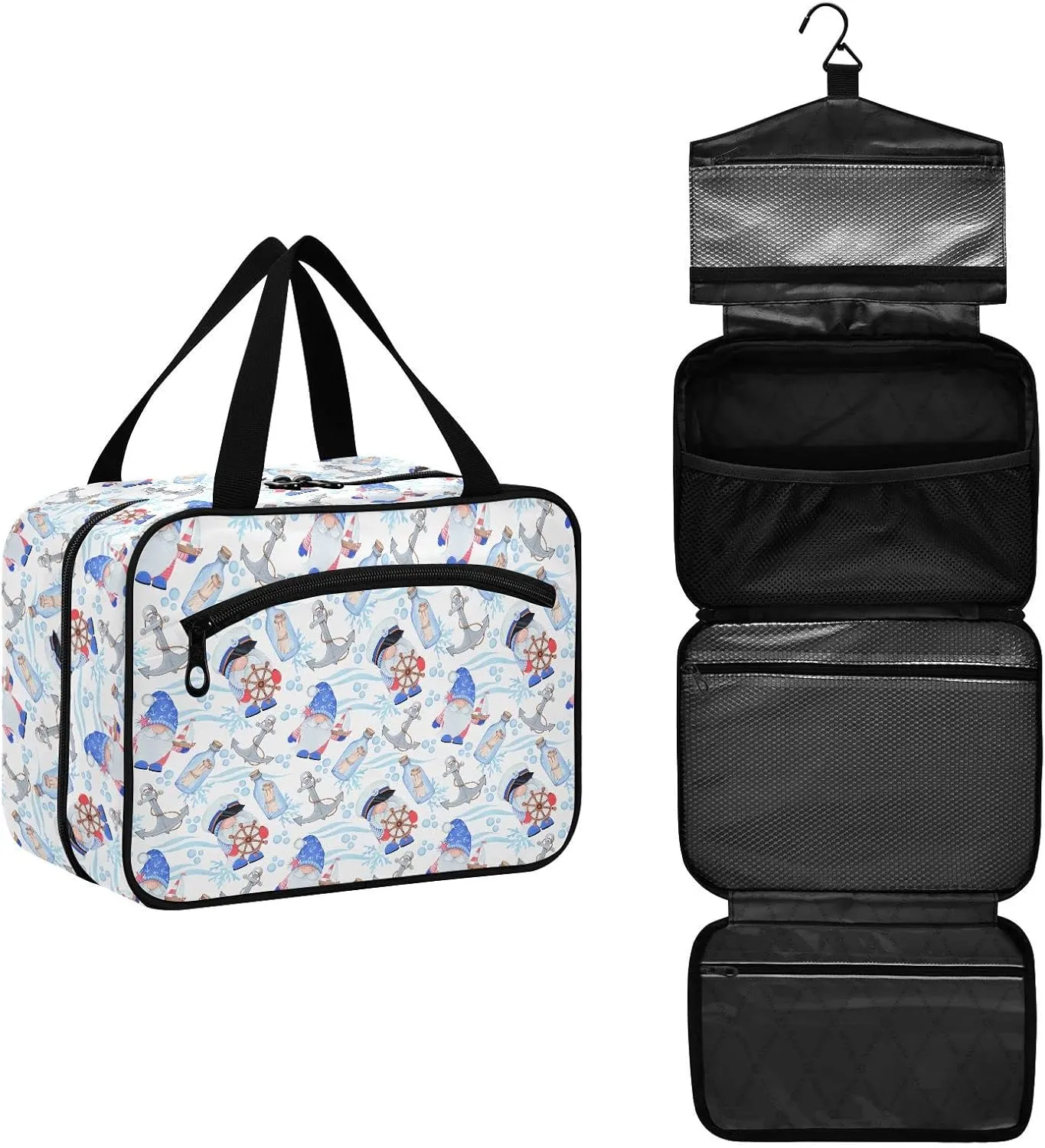 linqin Toiletry Bag for Travel, Starfish Ship Crab Anchor Makeup Bag Large Cosmetic Bag Organizer with Hanging Hook for Women Men