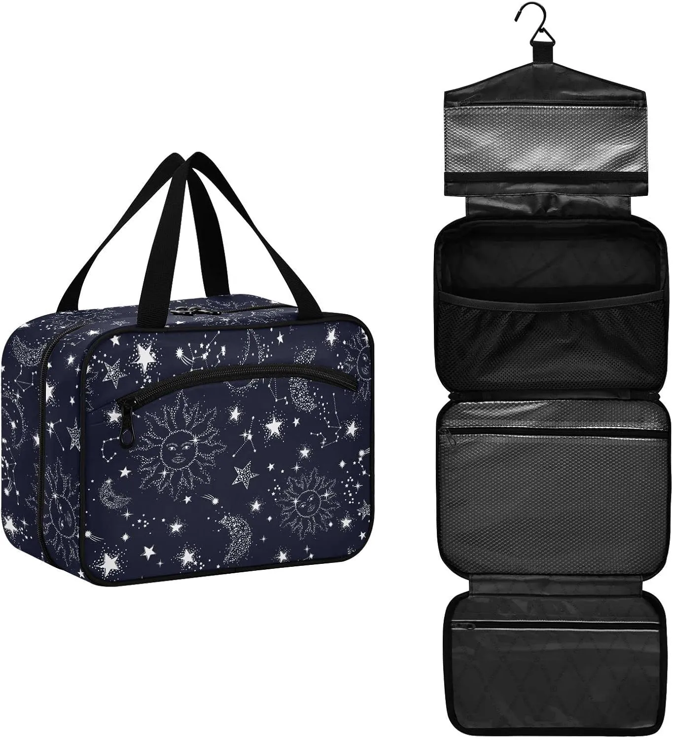 linqin Toiletry Bag for Travel, Starry Night Star Sun Moon Makeup Bag Large Cosmetic Bag Organizer with Hanging Hook for Women Men
